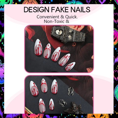Halloween Uñas Postizas Largas Stiletto Gotas De Sangre Estilo Francés Blanco Con Pestañas Adhesivas Y Lima