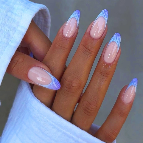 Unghie Finte Press On French Tip Blu Effetto 3D Onde D'acqua Marmo Forma A Mandorla Lunga Plastica Lucida