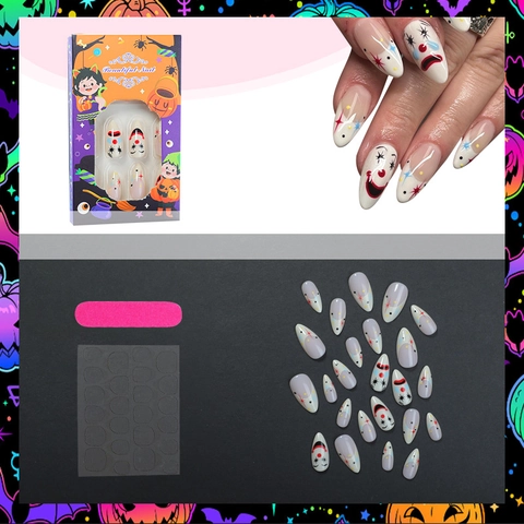 Faux Ongles Press On Halloween Motif Clown Amande Style Français Avec Design Étoiles Points Pour Femmes Manucure Plastique