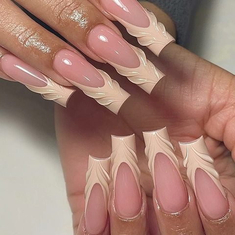 Press On Nägel Lange Sargform Mit 3D Relief Linien Französisches Design Rosa Weiß Künstliche Fingernägel Für Frauen Elegante Maniküre