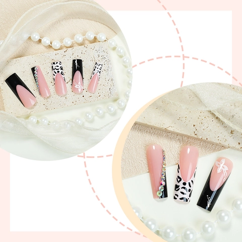Uñas Postizas Largas Ataúd Rosa Negro Estampado Leopardo Diamantes De Imitación Diseño Flores Estilo Francés