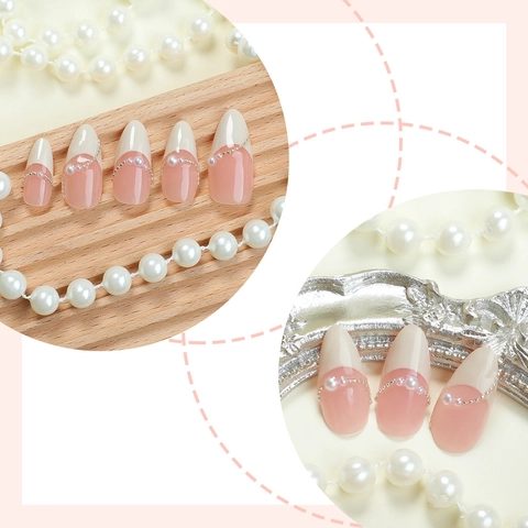 Unghie Finte A Mandorla French Tip Decorazione Künstliche Perle Sfumatura Rosa Nude Lucido Lungo Manicure DIY Per Donne