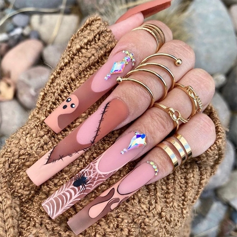 Halloween Kunstnagels Lange Doodskistvorm Kunstnagels Spinnenweb Spook Ontwerp Strass Glanzende Manicure Voor Dames