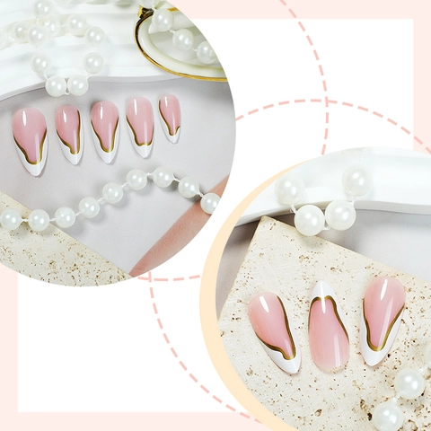 Unghie Finte Press On Punta Bianca Francese Linea Ondulata Dorata Metallica Forma Mandorla Plastica Manicure DIY