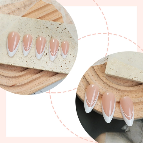 French Tip Press On Nägel Weißer Rand Mandelform Glänzende Falsche Nägel Für Frauen Minimalistisch Elegant