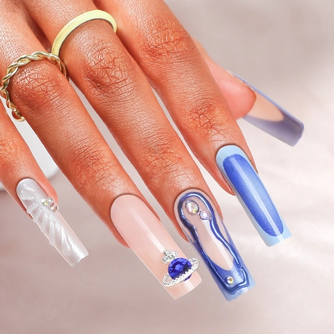 Long Coffin Press On Nails Blue French Tip 3D Planet Metal Decor Rhinestone Artificial Fingernails For Women