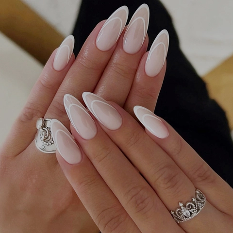 Uñas Postizas A Presión Almendra Larga Rayas Francesas Blanco Rosa Nude Resina Con Pestañas Adhesivas Y Lima De Uñas Minimalista