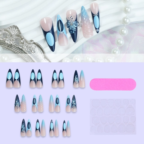Gradient Blue Press On Nails With 3D Relief Flower And Artificial Pearl Almond Shape Long Stiletto False Nails For Women