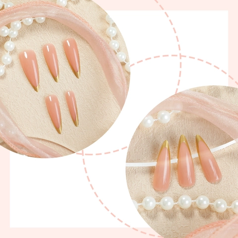 Faux Ongles Long Stiletto Press On Base Nude Rose Avec Pointe Française Dorée Forme En V ABS Brillant Pour Femmes