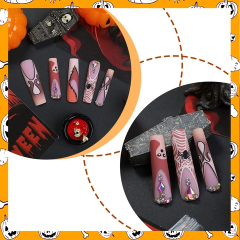 Halloween Kunstnagels Lange Doodskistvorm Kunstnagels Spinnenweb Spook Ontwerp Strass Glanzende Manicure Voor Dames