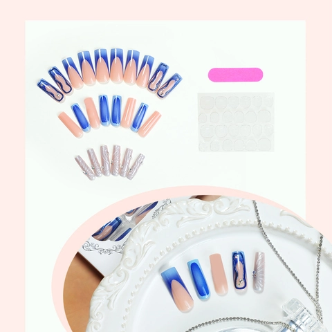 Long Coffin Press On Nails Blue French Tip 3D Planet Metal Decor Rhinestone Artificial Fingernails For Women