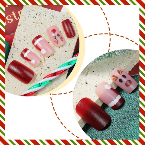 Christmas Reindeer Red Santa Hat Press On Nails Matte Glossy Artificial Fake Nail Tips With File And Adhesive