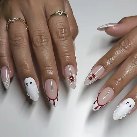 Halloween Press On Nails Ghost Blood Drip Spider Web Design Stiletto Long Artificial False Nail Decoration Gothic Party