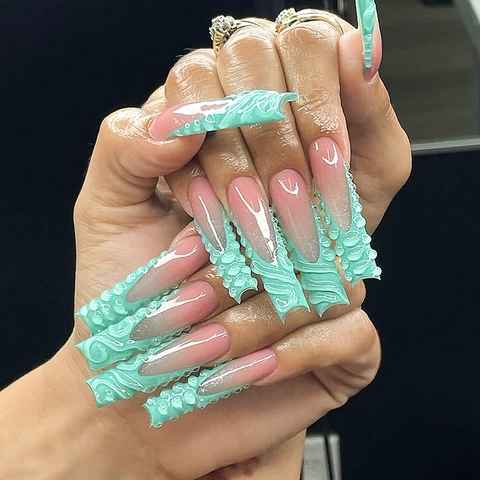 Extra Long Coffin Press On Nails 3D Relief Texture French Tip Gradient Mint Green Nude Pink ABS Chic False Nails For Women