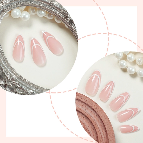 Uñas Postizas A Presión Almendra Larga Rayas Francesas Blanco Rosa Nude Resina Con Pestañas Adhesivas Y Lima De Uñas Minimalista