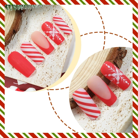 Unghie Finte Natalizie Rosse Bianche Forma Bara Fiocco Di Neve Strisce Zucchero Filato Design Manicure Francese DIY