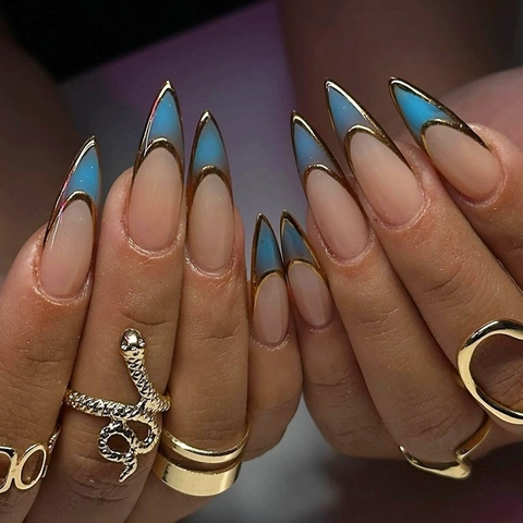Unghie Finte Lunghe Stiletto Plastica Press On French Sfumato Blu Linea Dorata Con Linguette Adesive E Lima Per Donne