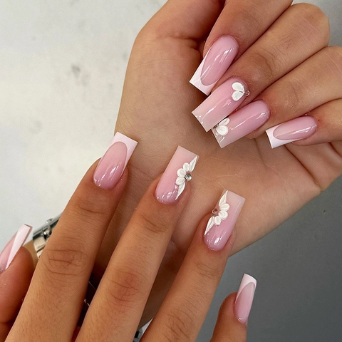 French Tip Press On Nails Long Square Pink Nude With 3D White Flowers And Rhinestones False Nails For Women