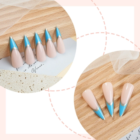 Unghie Finte Lunghe Stiletto Plastica Press On French Sfumato Blu Linea Dorata Con Linguette Adesive E Lima Per Donne