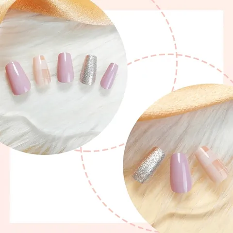 Franse Gradiënt Press On Nagels Glanzend Lila Zilveren Glitter Beige Ruitpatroon Doodskist Vorm Kunstnagels DIY Manicure