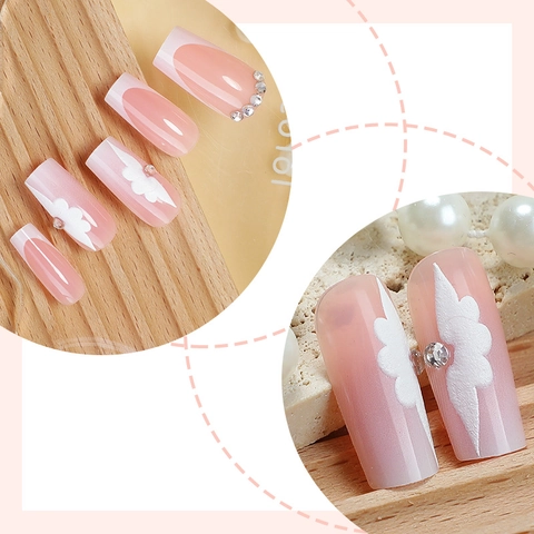 French Tip Press On Nails Long Square Pink Nude With 3D White Flowers And Rhinestones False Nails For Women