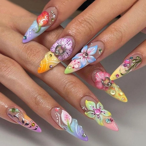 Uñas Postizas Largas De Almendra Con Flores En Relieve 3D Degradado Con Diamantes De Imitación Manicura Brillante Para Mujeres