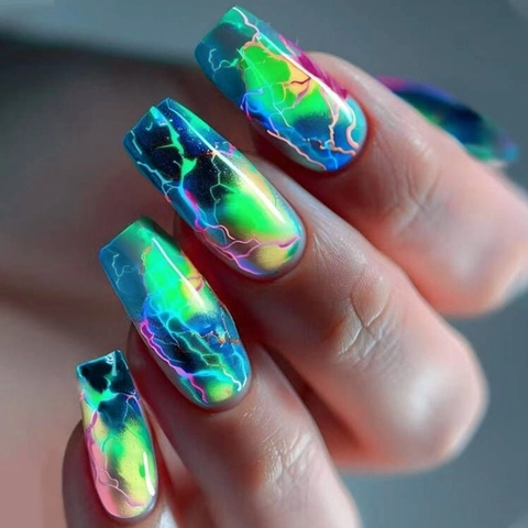 Uñas Postizas Press On Verde Mármol Neón Brillante Uñas De Ataúd Largas Con Pestañas Adhesivas Lima De Uñas