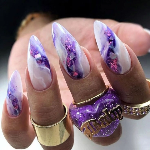 Lila Ombre Marmor Press On Nägel Mandel Stiletto Form Glänzend Falsche Nägel Mit Glitzer Folie Klebepads Feile