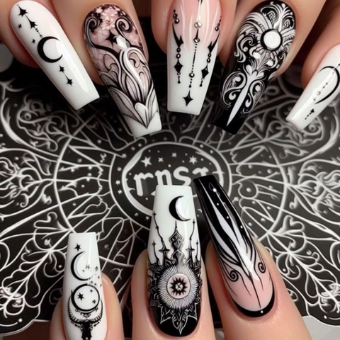 Coffin Press On Nails Gothic Dark Moon Star Design Künstliche Falsche Nägel Für Frauen Mit Gelee-Kleber Und Nagelfeile
