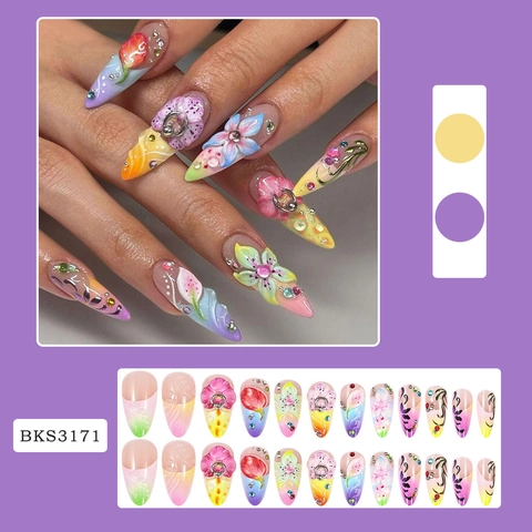 Uñas Postizas Largas De Almendra Con Flores En Relieve 3D Degradado Con Diamantes De Imitación Manicura Brillante Para Mujeres