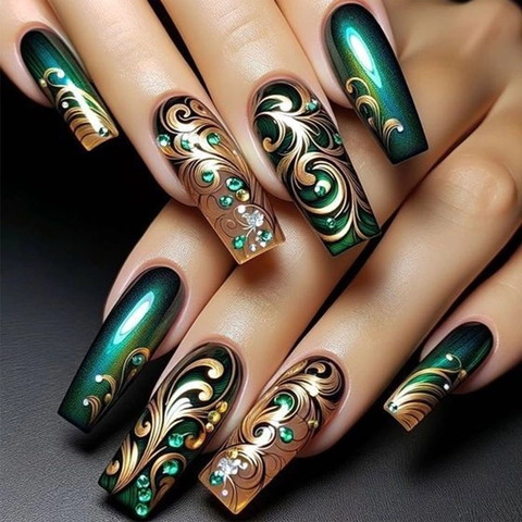 Dunkelgrüne Press On Nails Gold Geprägt Barock Luxus Strass Smaragd Sargform Lange Künstliche Nägel