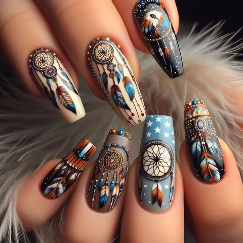 Künstliche Nägel Zum Aufkleben Lang Sarg Bohemian Traumfänger Feder Adler Muster Mit Geleekleber Nagelfeile Damen