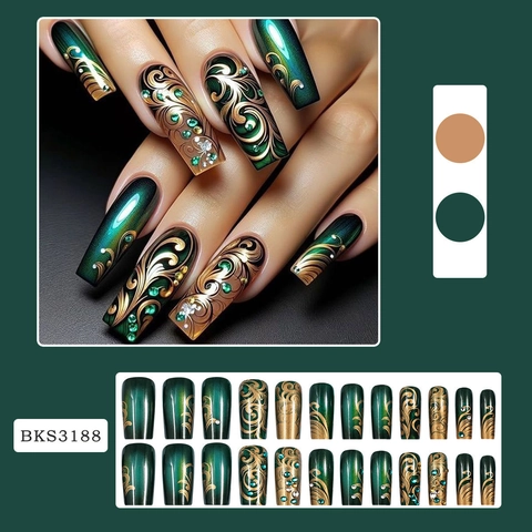 Dunkelgrüne Press On Nails Gold Geprägt Barock Luxus Strass Smaragd Sargform Lange Künstliche Nägel