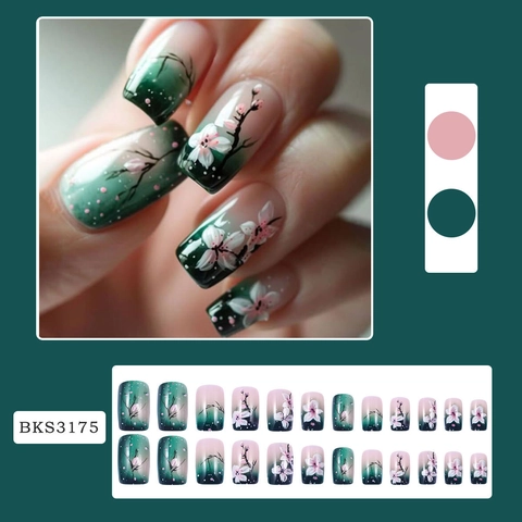 Dunkelgrün Verlauf Blume Press On Nails Kirschblütenmuster Glänzend Quadratisch Künstliche Falsche Fingernägel Für Maniküre