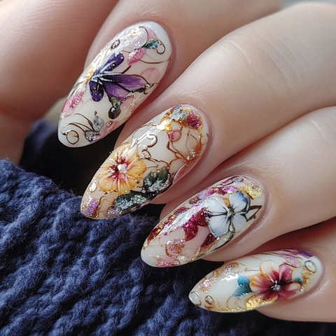 Amandelvormige Press On Nagels Klassieke Bloemenprint Inktbloemen Goudfolie Elegante Vintage Kunstnagels