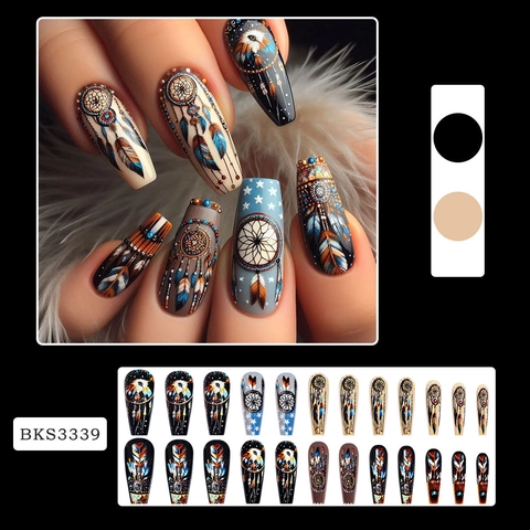 Künstliche Nägel Zum Aufkleben Lang Sarg Bohemian Traumfänger Feder Adler Muster Mit Geleekleber Nagelfeile Damen