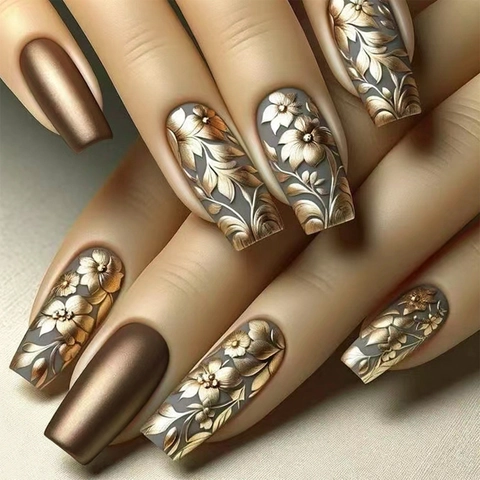 Coffin Press On Nails 3D Reliëf Goud Bloem Mat Bruin Verloop Lange Kunstnagels Franse Stijl Elegant