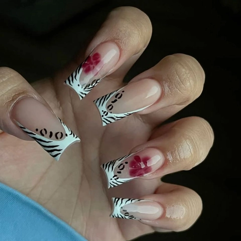 Press On Nails French Square Artificiels Faux Ongles Fleur Rouge Imprimé Léopard Zèbre Rose Pour Femmes