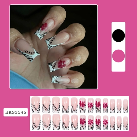 Press On Nails French Square Artificiels Faux Ongles Fleur Rouge Imprimé Léopard Zèbre Rose Pour Femmes