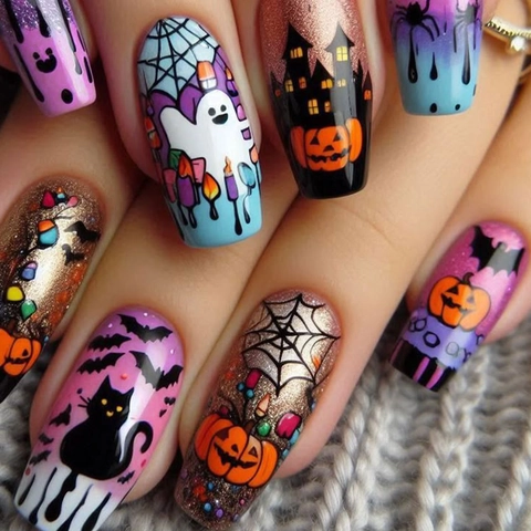 Halloween Press On Nails Long Ballerina False Nails Colorful Pumpkin Ghost Spider Web Patterns Glitter Plastic