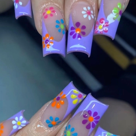 Purple French Tip Press On Nails Long Coffin Fake Nails With Floral Daisy Patterns Sweet Fresh Style For Women