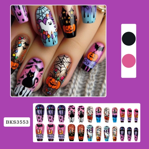 Halloween Press On Nails Long Ballerina False Nails Colorful Pumpkin Ghost Spider Web Patterns Glitter Plastic