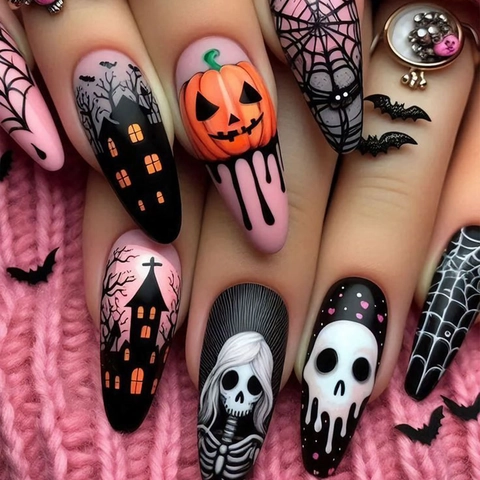Unghie Finte Halloween Forma Mandorla Zucca Rosa Casa Stregata Teschio Ragnatela Materiale ABS Con Colla E Lima Per Unghie