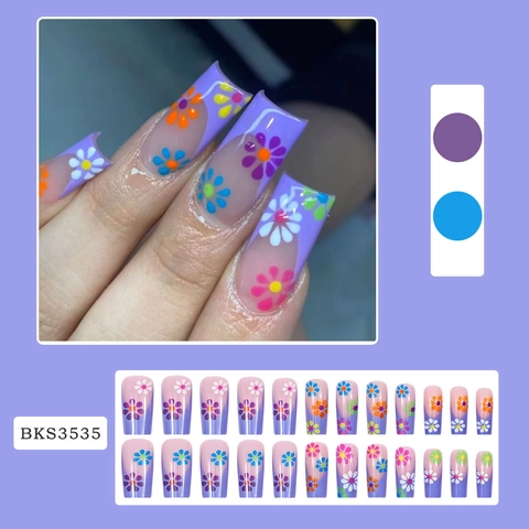 Purple French Tip Press On Nails Long Coffin Fake Nails With Floral Daisy Patterns Sweet Fresh Style For Women