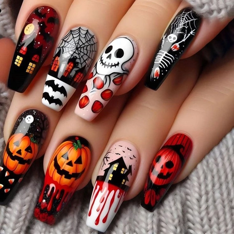 Unghie Finte Halloween Coffin Lunghe Zucca Fantasma Teschio Goccia Di Sangue Dark Gothic Manicure Con Colla E Lima