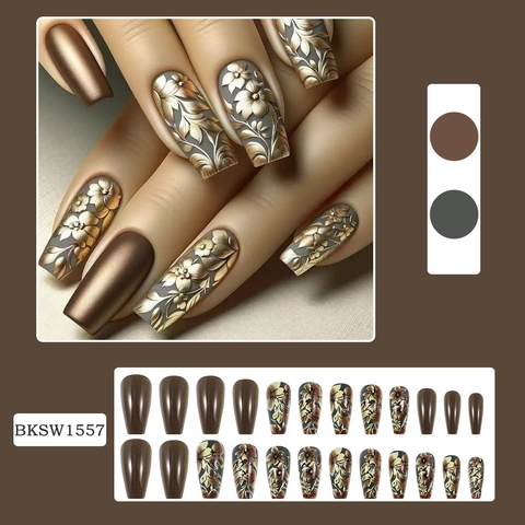 Coffin Press On Nails 3D Reliëf Goud Bloem Mat Bruin Verloop Lange Kunstnagels Franse Stijl Elegant
