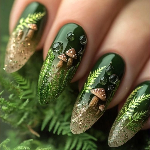 Unghie Finte Press On Funghi Foresta Verde Mandorla Lunga Con Glitter Oro Felce E Gocce D'acqua 3D Resina ABS