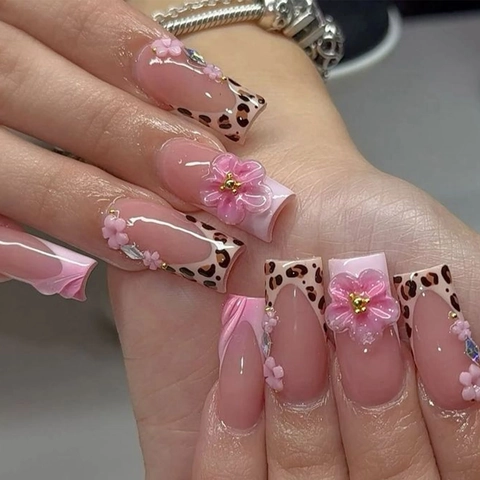 3D Pink Flower Press On Nails Long Square Leopard French Tip Rhinestone Elegant False Nail Accessory For Women
