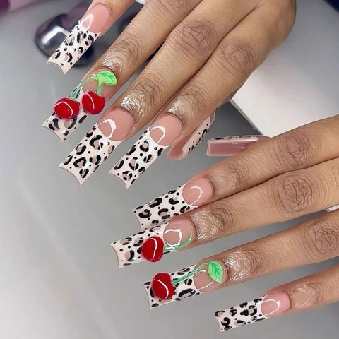 French Press On Nails Leopard Print Square Long With 3D Cherry Decor Nude Pink Artificial Finger Nails For Women