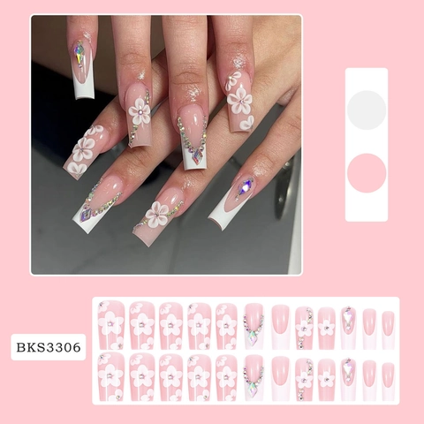 Press On Nails French Witte Tip 3D Bloem Strass Glitter Lange Vierkante Kunstnagels Voor Vrouwen Manicure